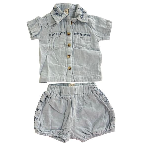 Kate Quinn Blue Embroidered Button Down Shirt & Shorts Outfit Set Size 6-12 Mont - Picture 1 of 9
